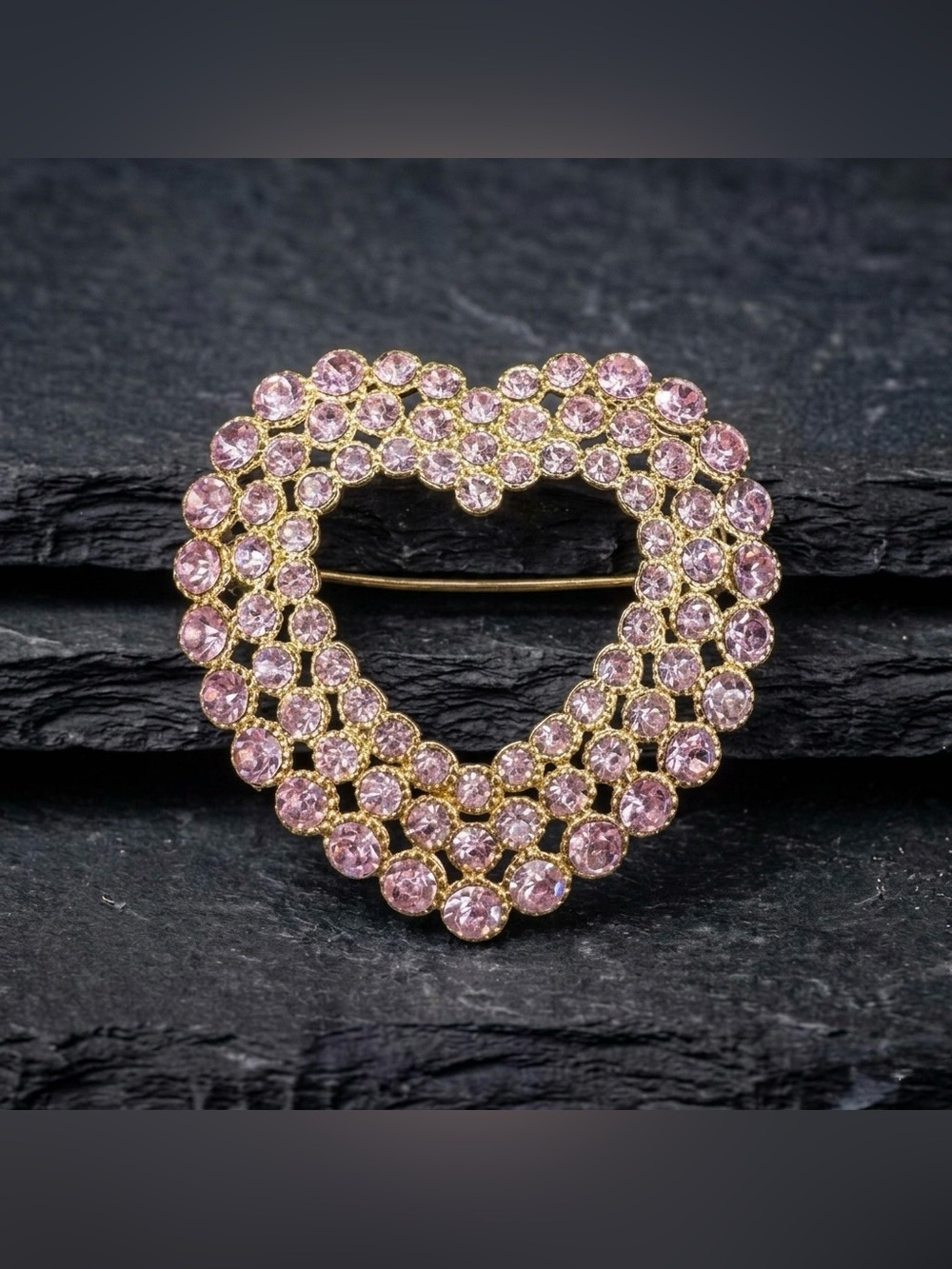 Vintage Y2k Monet Pink Rhinestone Open Heart Gold Tone Pavé Statement Brooch Pin